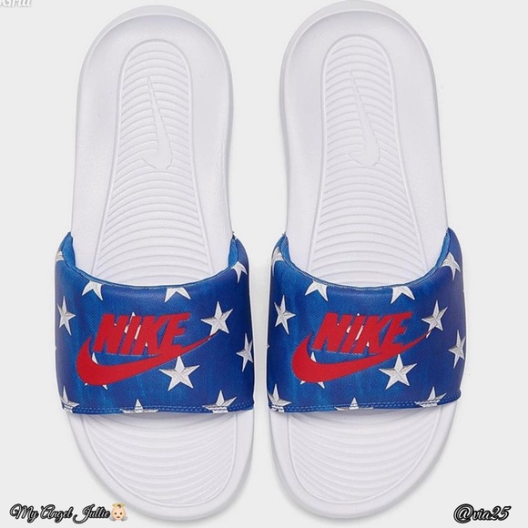 WOMEN'S NIKE VICTORI ONE PRINT SLIDE SANDALS Colors: Red Jeu Royal Size: 6 and 7 - Picture 1 of 7